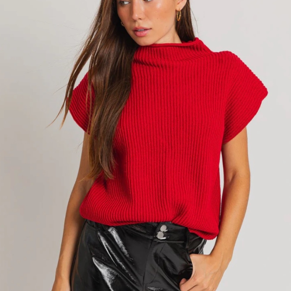 Red Turtle Neck Power Shoulder Sweater Vest